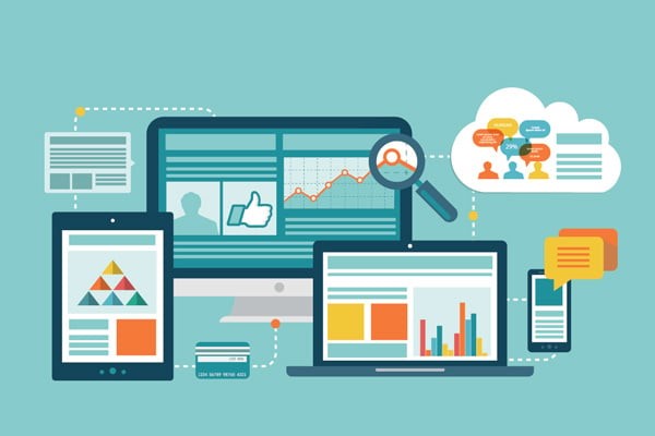 Illustration of various digital devices including a desktop computer, laptop, tablet, and smartphone displaying graphs, charts, and social media icons, connected by dotted lines. A magnifying glass hovers over a line graph, and a cloud with icons representing people and data is shown in the background, symbolizing digital data analysis and connectivity.